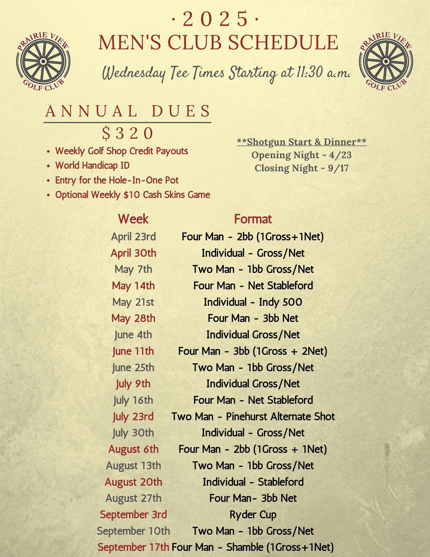 Wed Mens Club Schedule